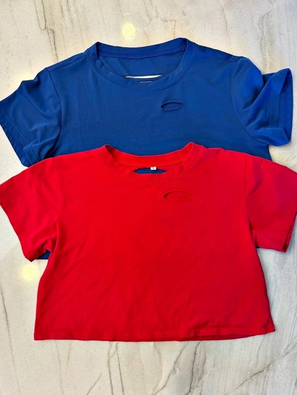 Blue & Red cropped tee’s medium